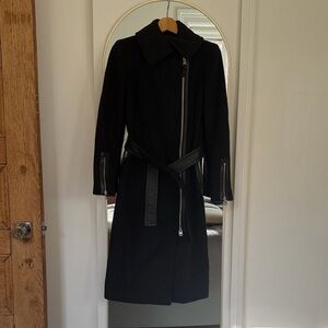 Mackage Fitted Black Wool & Leather Zip Coat with Belt Like New XXS